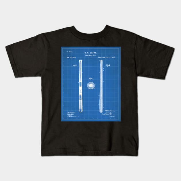 Baseball Bat Patent - Baseball Player Team Coach Art - Blueprint Kids T-Shirt by patentpress